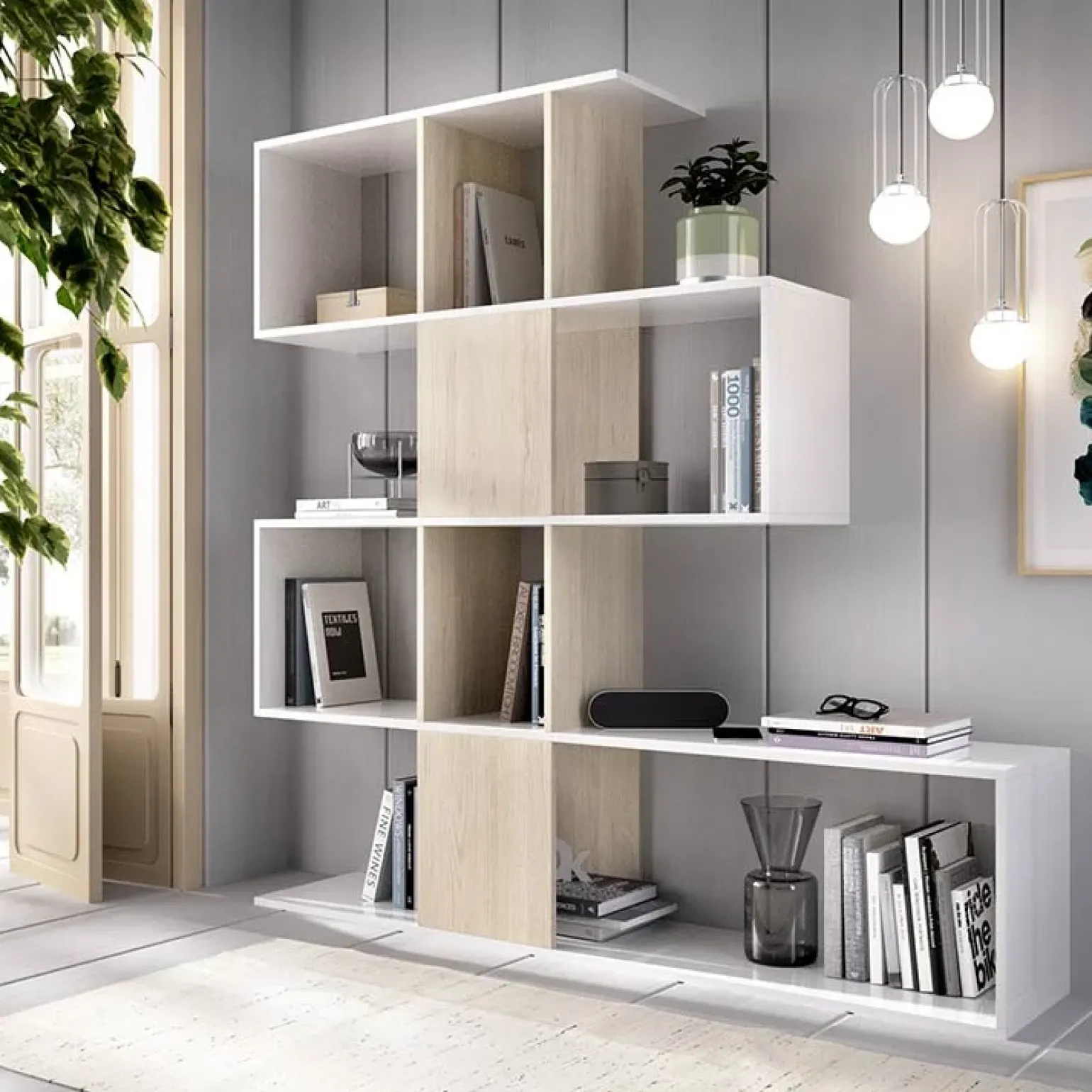 Libreria 145x145h cm moderna bianco rovere natura Snake