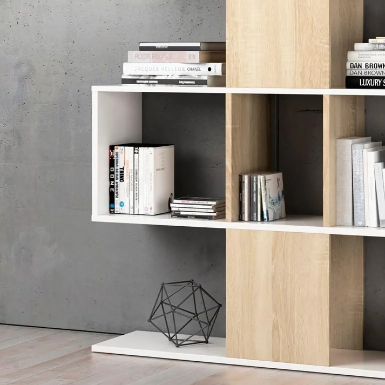 Libreria 145x145h cm moderna bianco rovere natura Snake