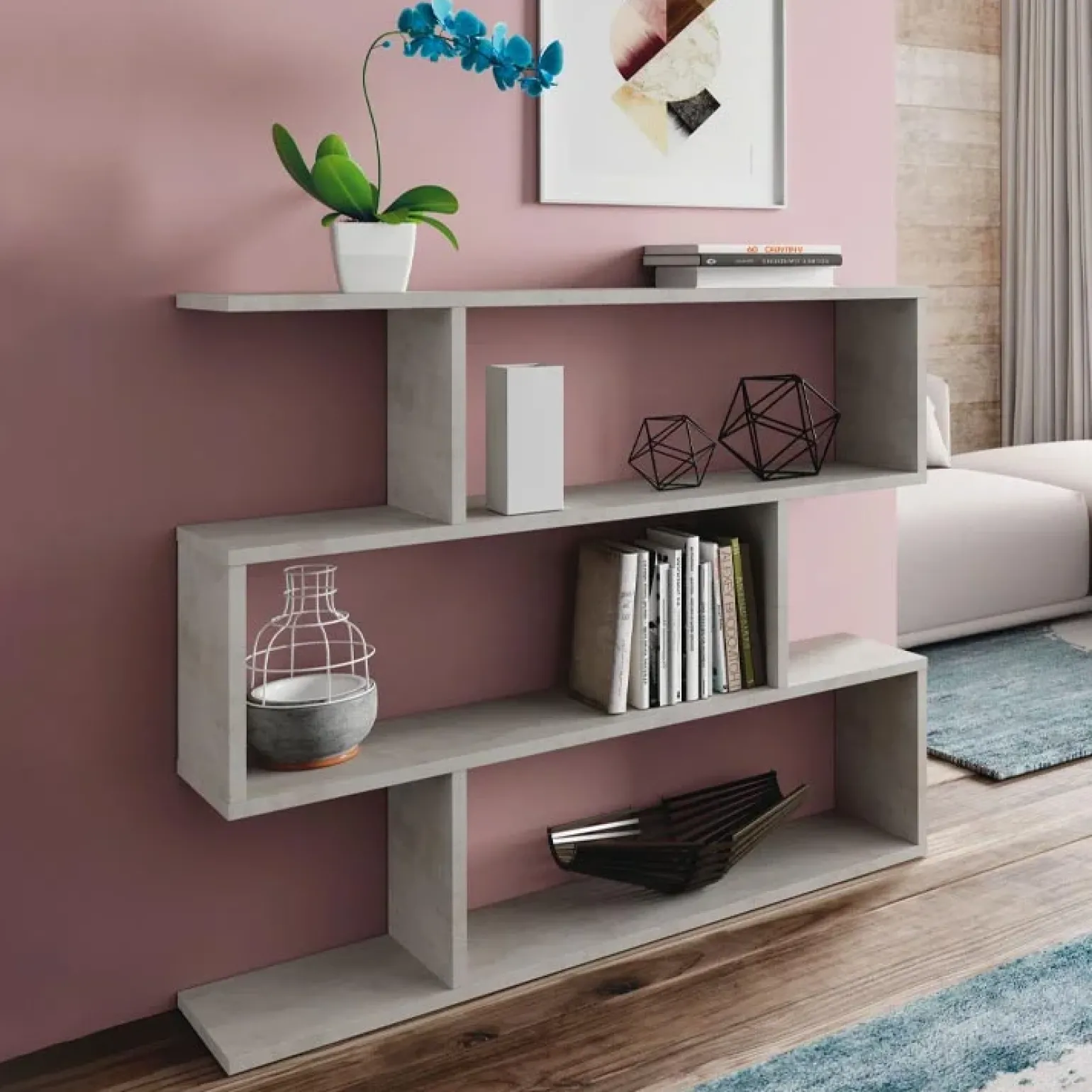 Libreria 110x97h cm moderna design soggiorno cemento Sakura