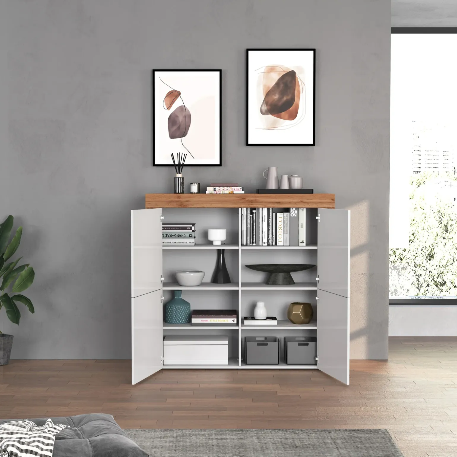 Madia alta moderna 140x130h cm bianco lucido rovere Block