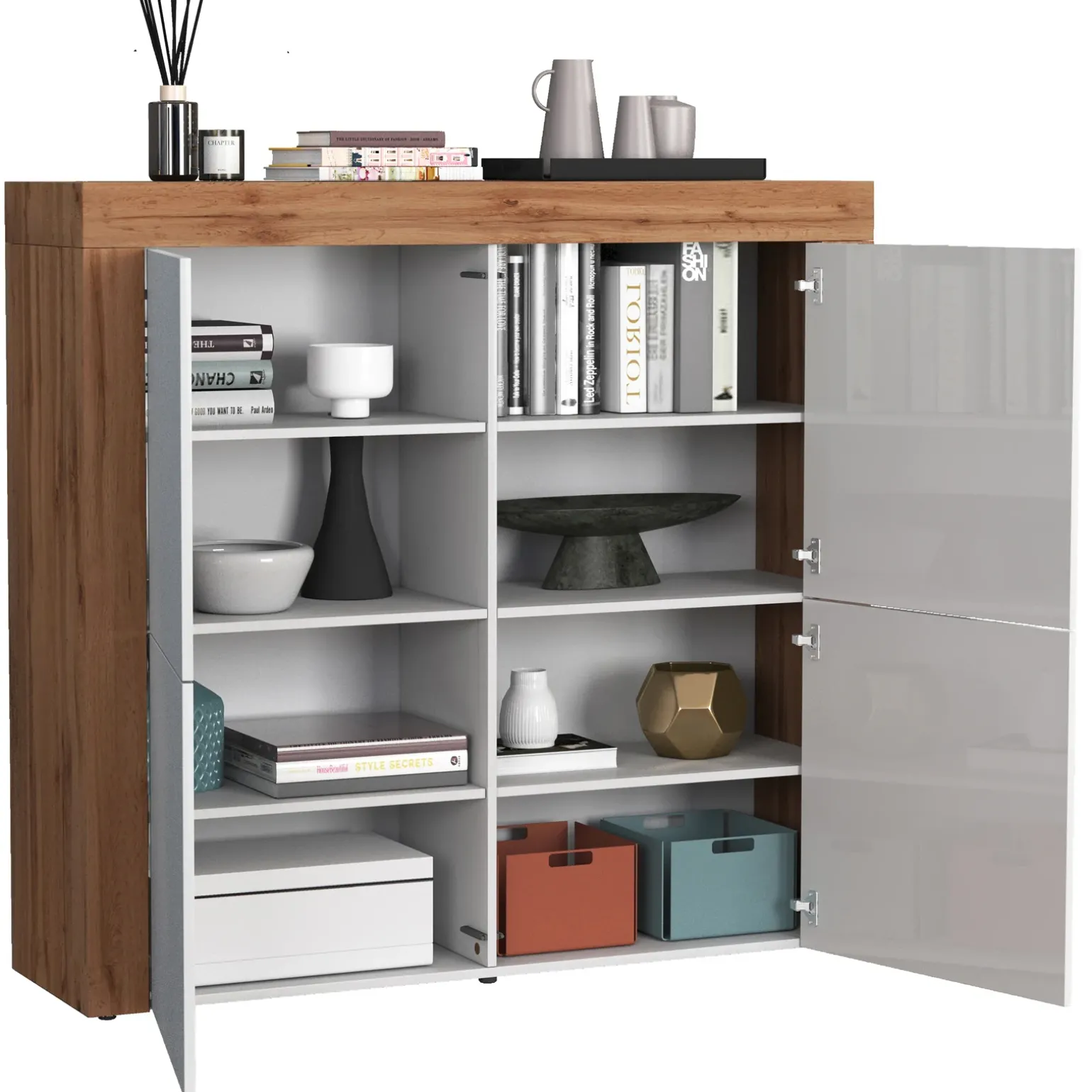 Madia alta moderna 140x130h cm bianco lucido rovere Block