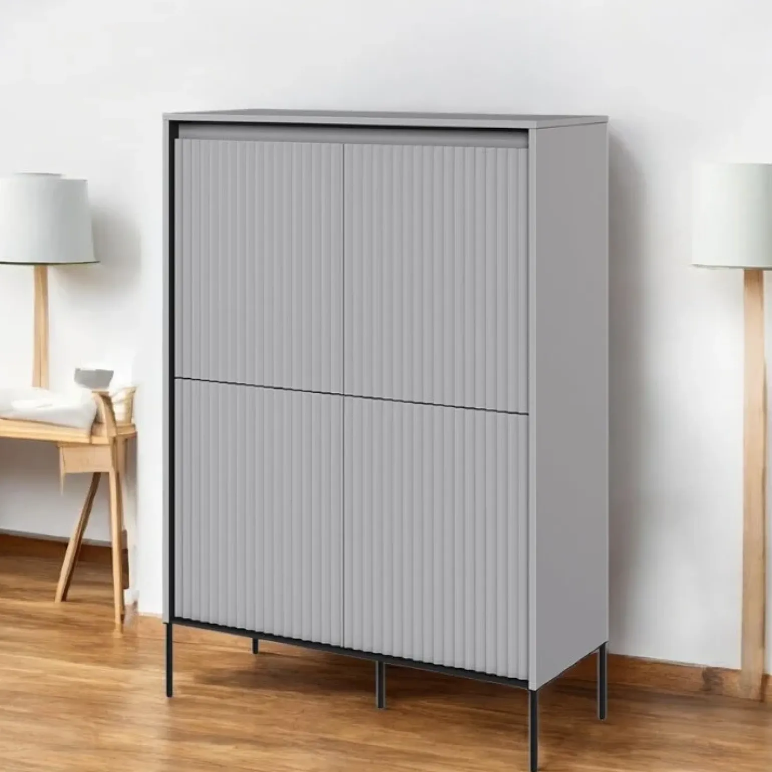 Madia alta 98x140h cm 4 ante con led cannettato grigio nero Camelia