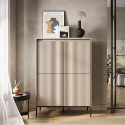 Madia alta 98x140h cm 4 ante con led cannettato beige nero Camelia
