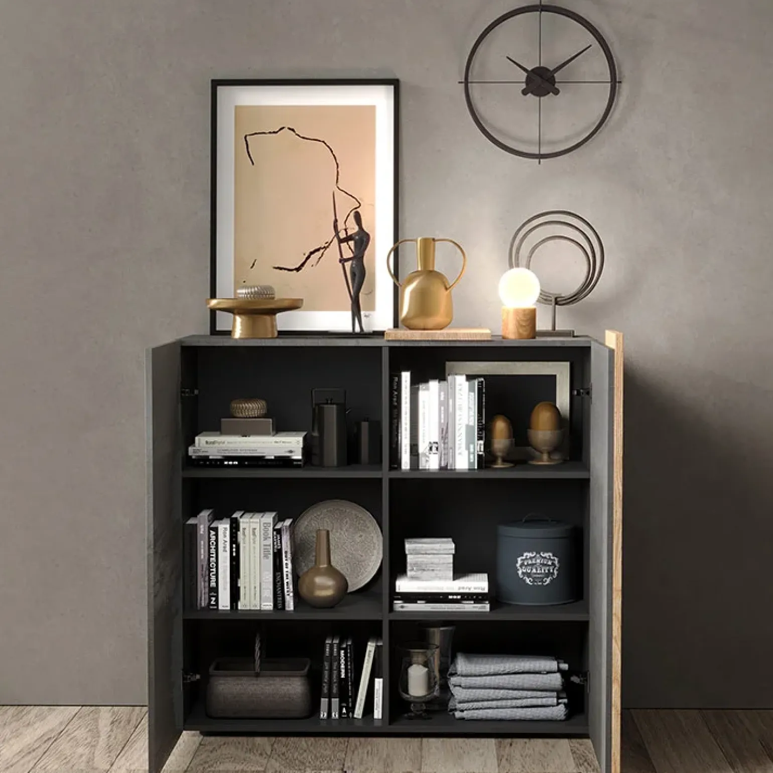 Madia alta 121x113h cm 2 ante moderna titanio rovere Universal