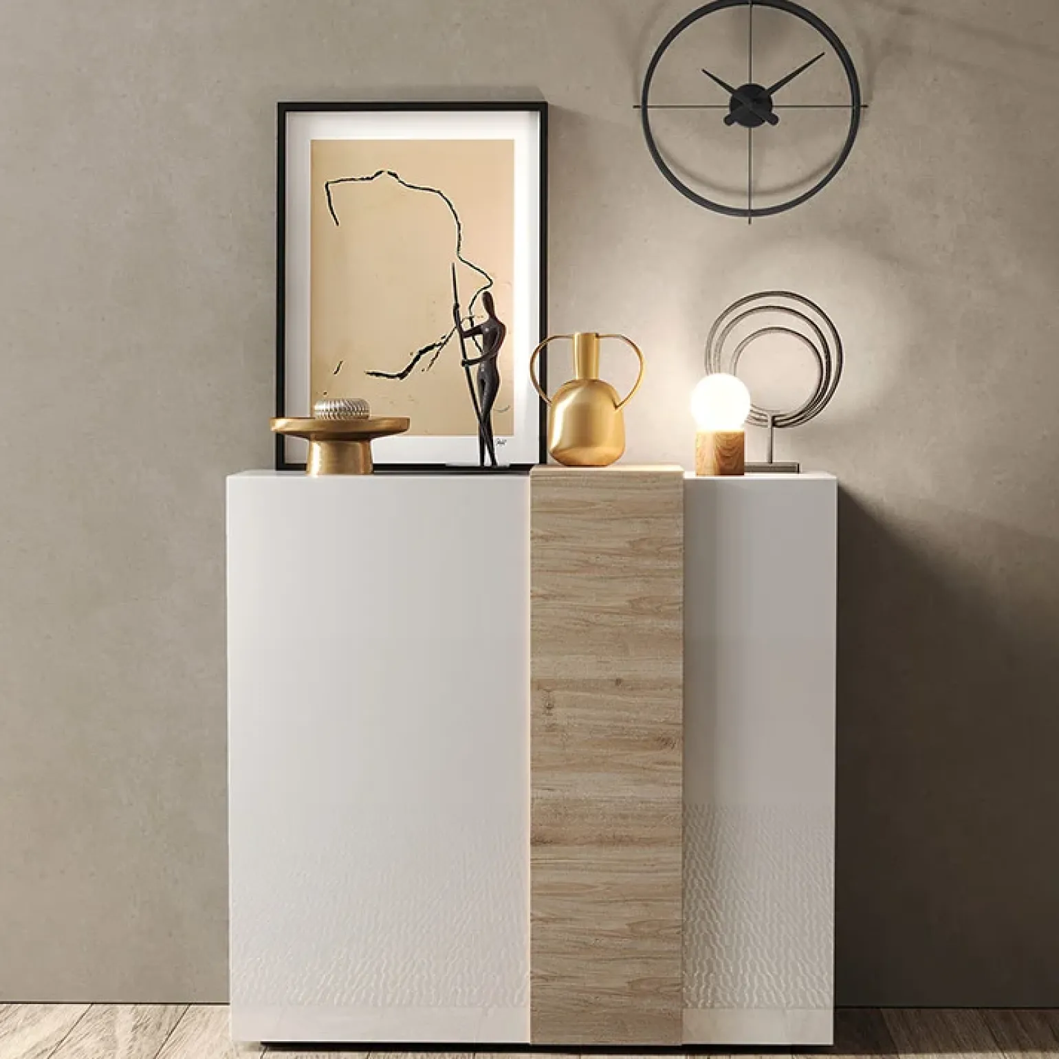 Madia alta 121x113h cm 2 ante moderna bianco lucido rovere Universal