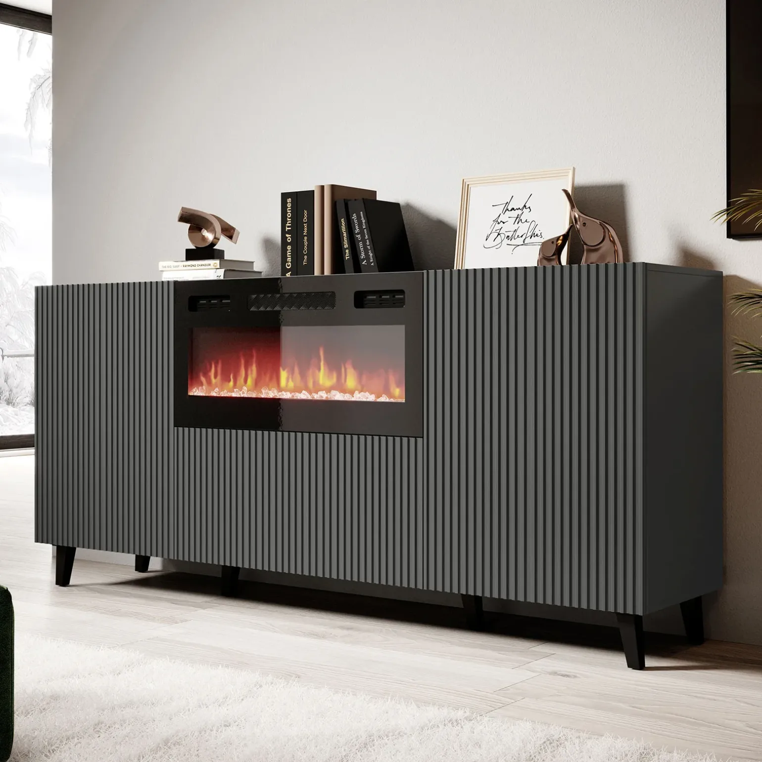 Madia con camino 181x83h cm moderno cannettato antracite Essence