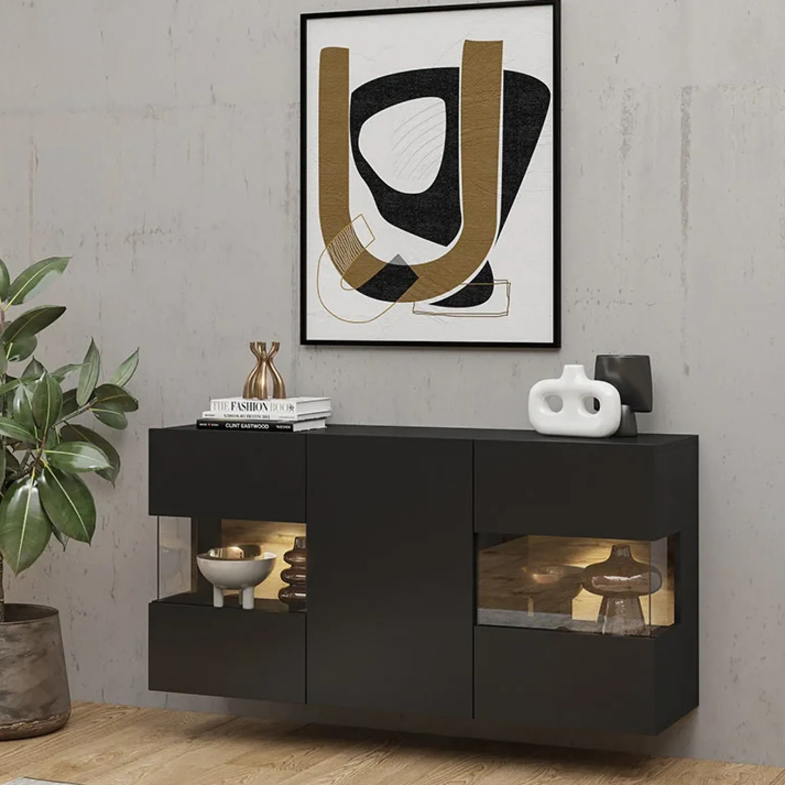Madia sospesa 120x62h cm moderna nero rovere Fusion