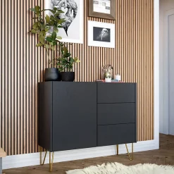 Madia 97x83h cm 1 anta 3 cassetti moderna grafite marmo nero Visby