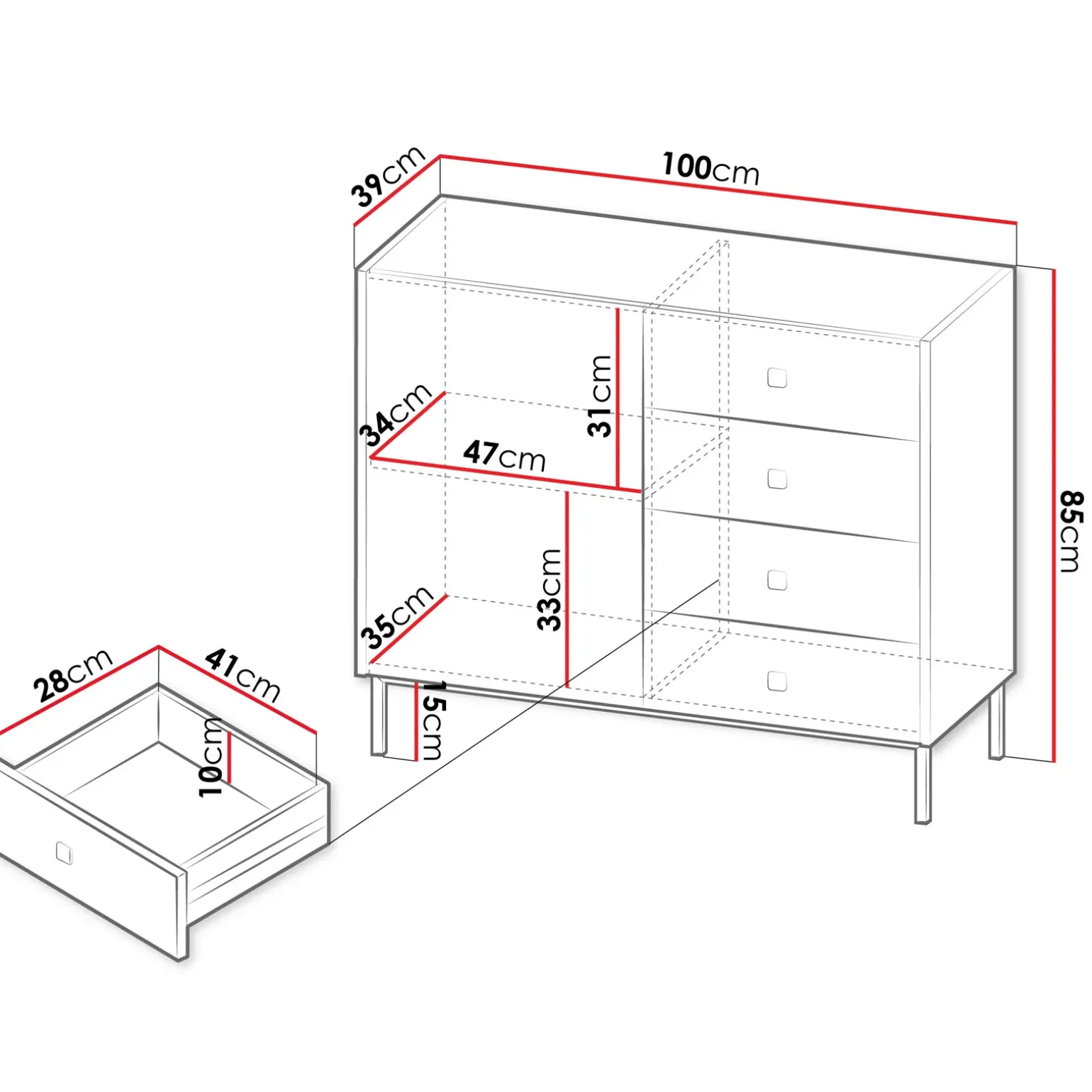 Madia 100x85h cm 1 anta 4 cassetti moderna bianco opaco Giuggiola