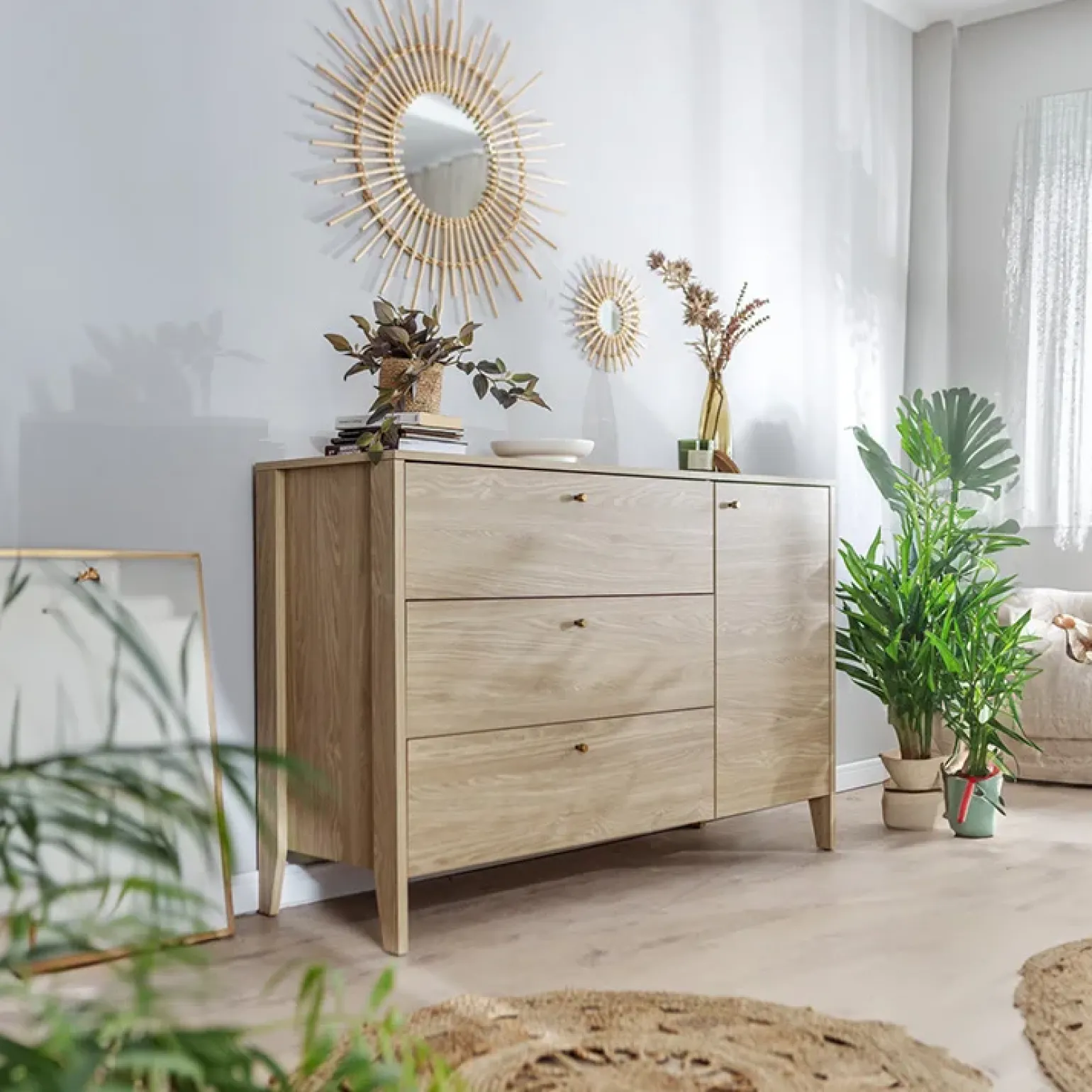 Madia 136x91h cm 1 anta 3 cassetti moderna rovere Noor
