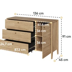 Madia 136x91h cm 1 anta 3 cassetti moderna rovere Noor