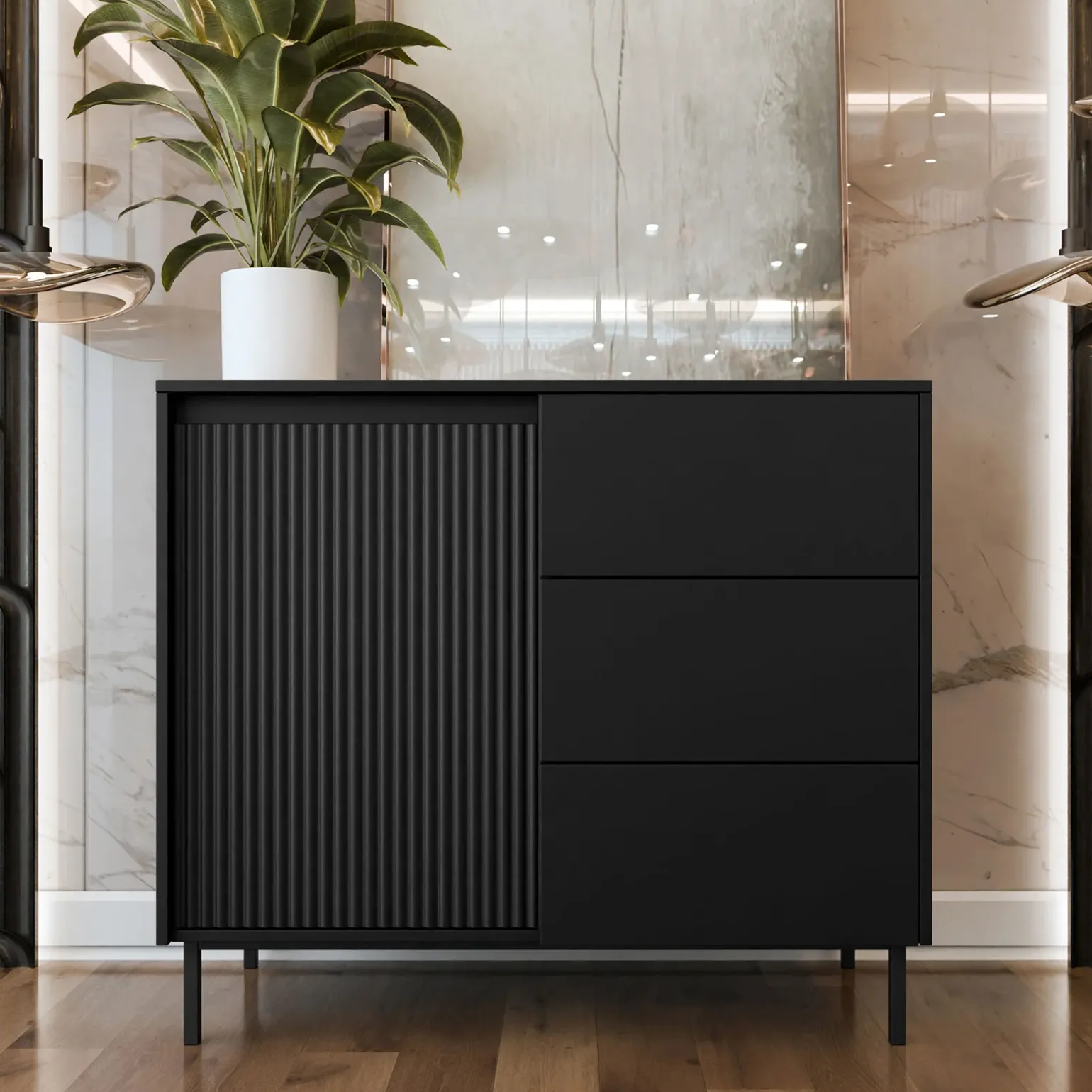 Madia 103x90h cm 1 anta 3 cassetti design cannettato nero Strike
