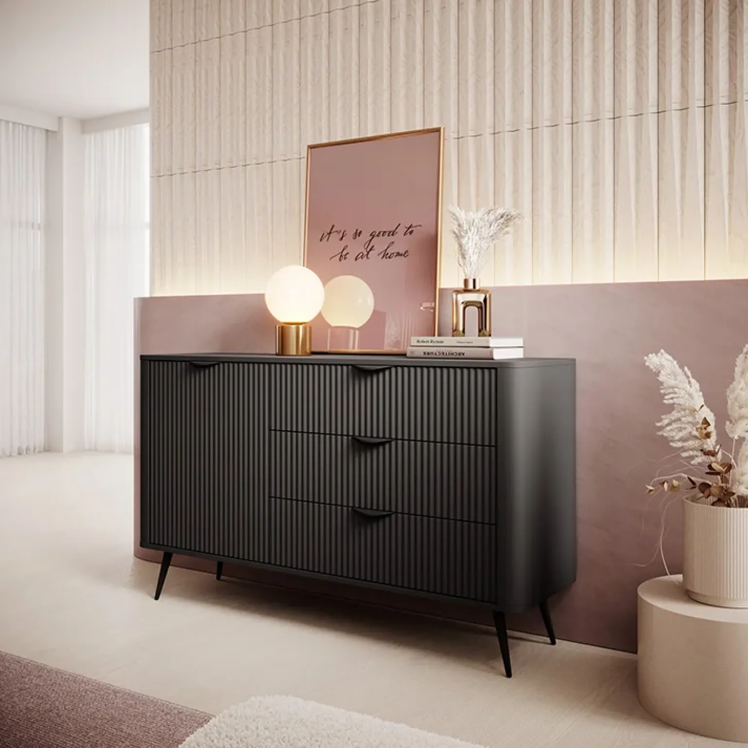 Madia 138x81h cm 1 anta 3 cassetti nero opaco cannettato Ramis