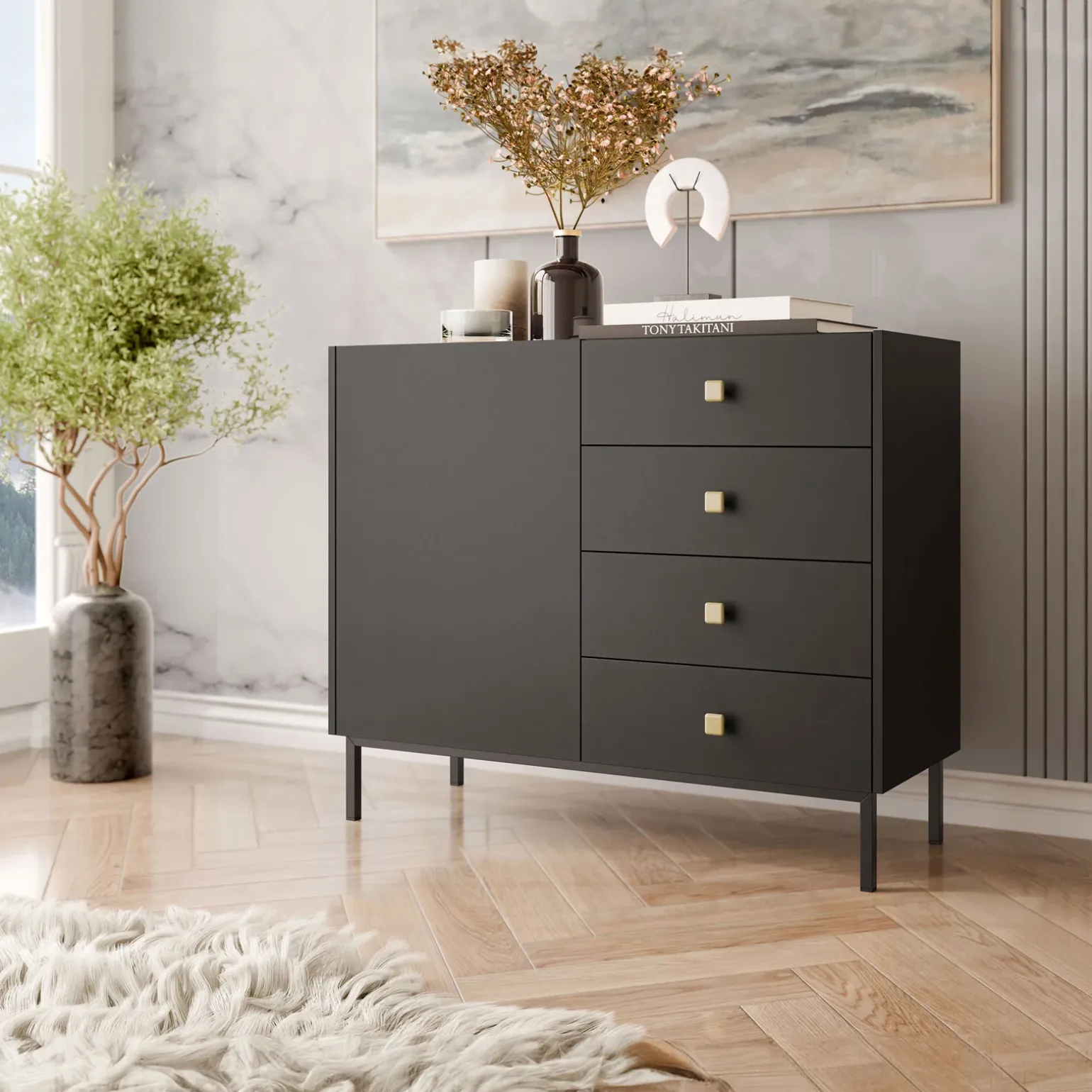Madia 100x85h cm 1 anta 4 cassetti moderna nero opaco Giuggiola