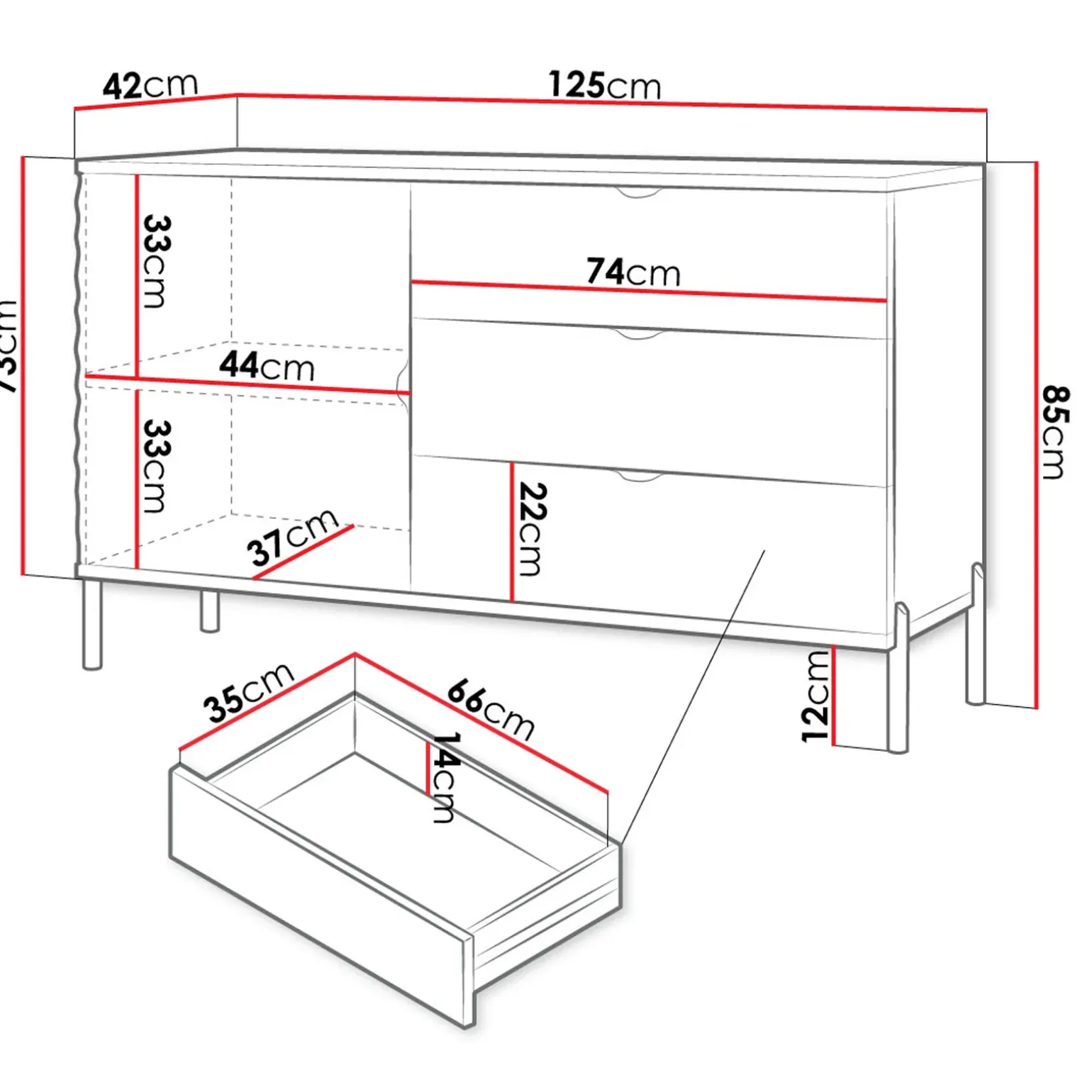 Madia 125x85h cm 1 anta 3 cassetti con frontali decorati bianco Amsterdam