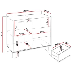 Madia 103x90h cm 1 anta 3 cassetti design cannettato bianco Strike