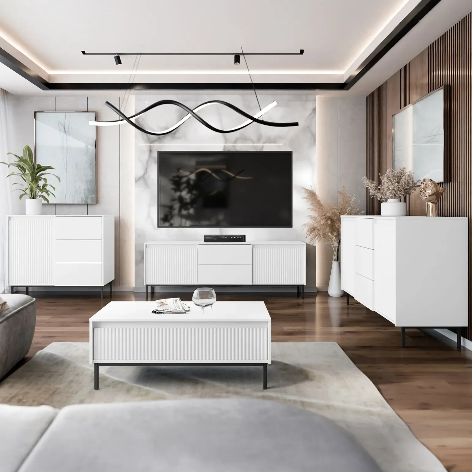 Madia 103x90h cm 1 anta 3 cassetti design cannettato bianco Strike