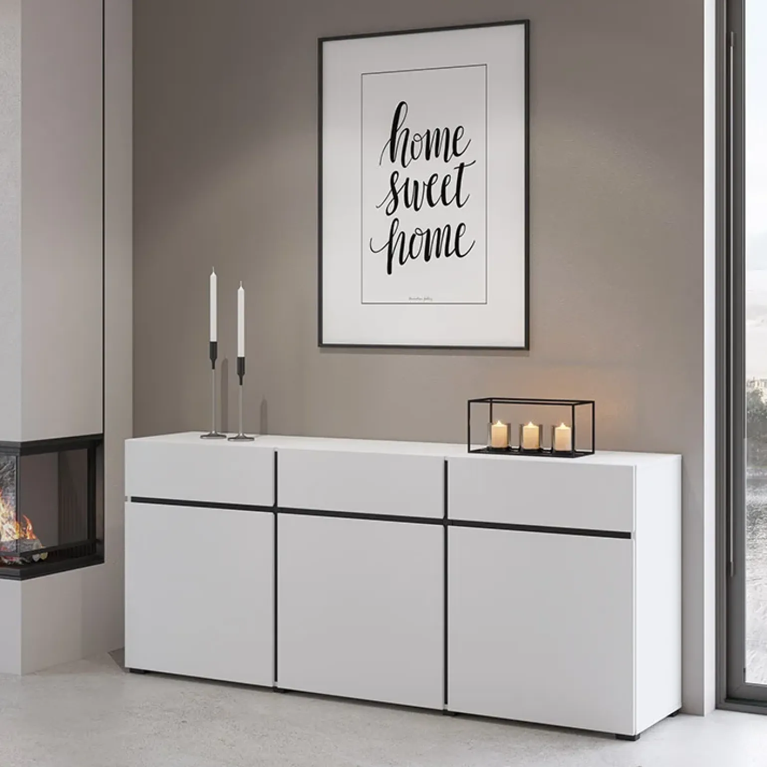 Madia 180x78h cm 3 ante 3 cassetti moderna bianco opaco nero Lolla
