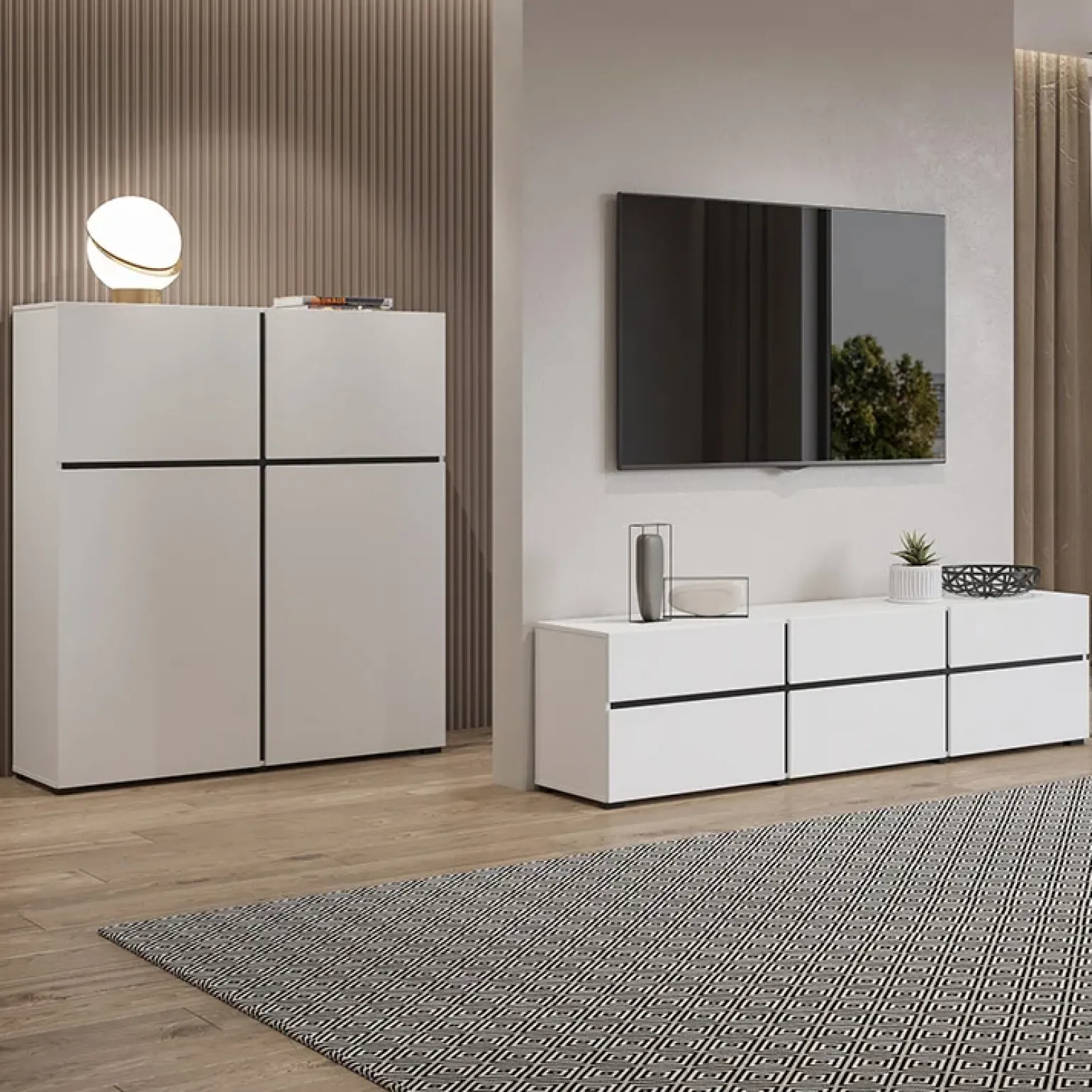 Madia 180x78h cm 3 ante 3 cassetti moderna bianco opaco nero Lolla