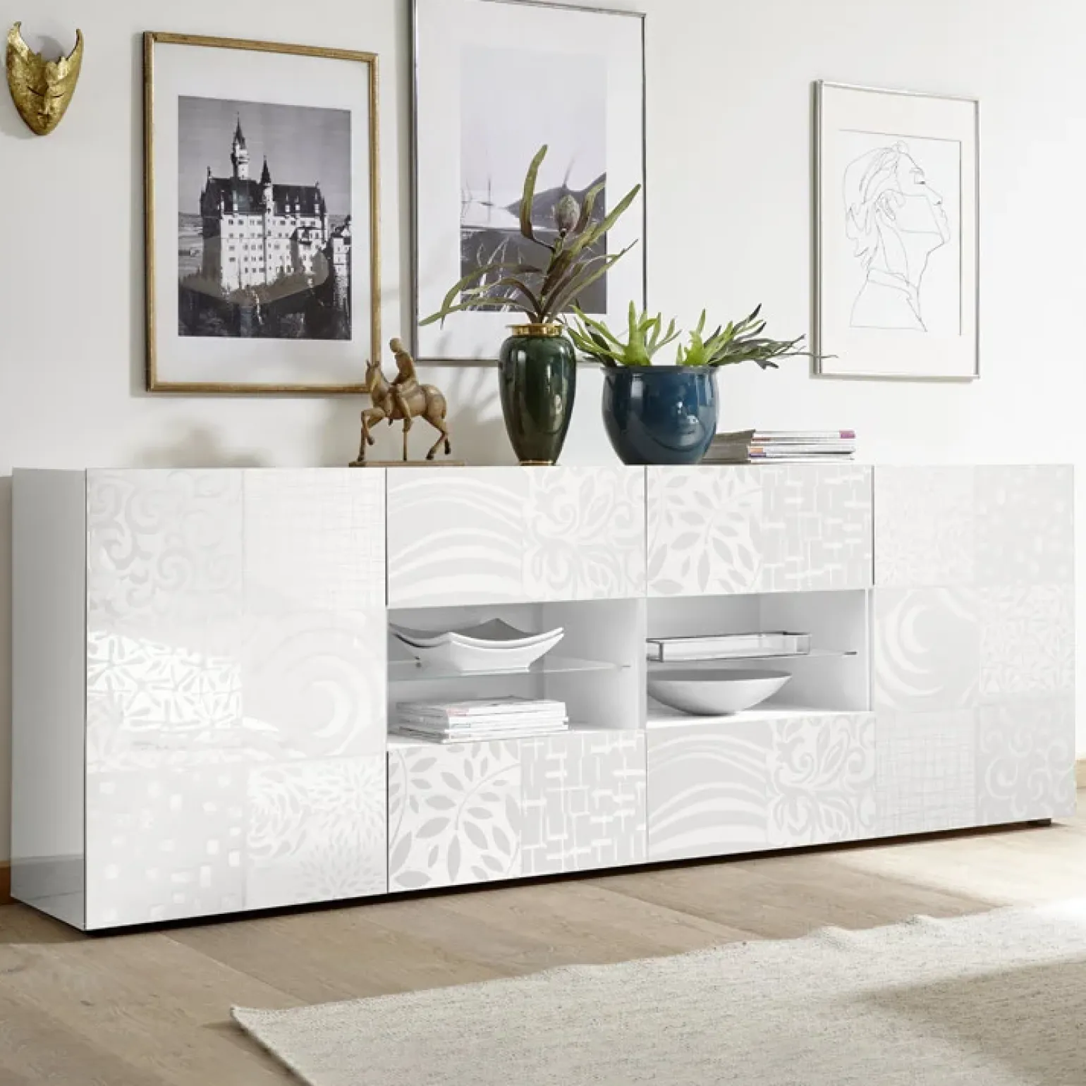 Madia 241x84h cm 2 ante 4 cassetti bianco lucido Paradise