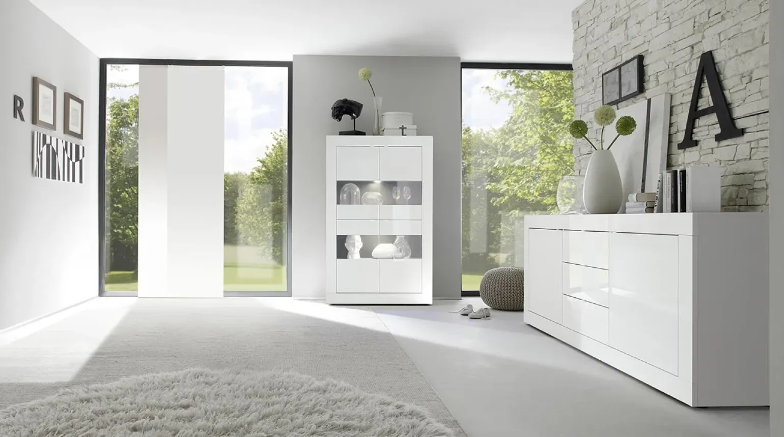 Madia 210x86h cm 2 ante 3 cassetti moderna bianco lucido Eternity