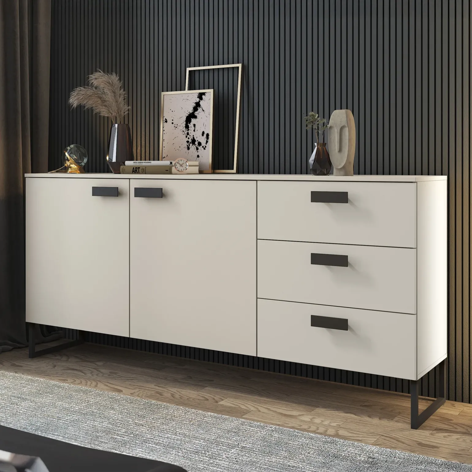 Madia 184x87h cm 2 ante 3 cassetti moderna beige cashmere nero Casmira