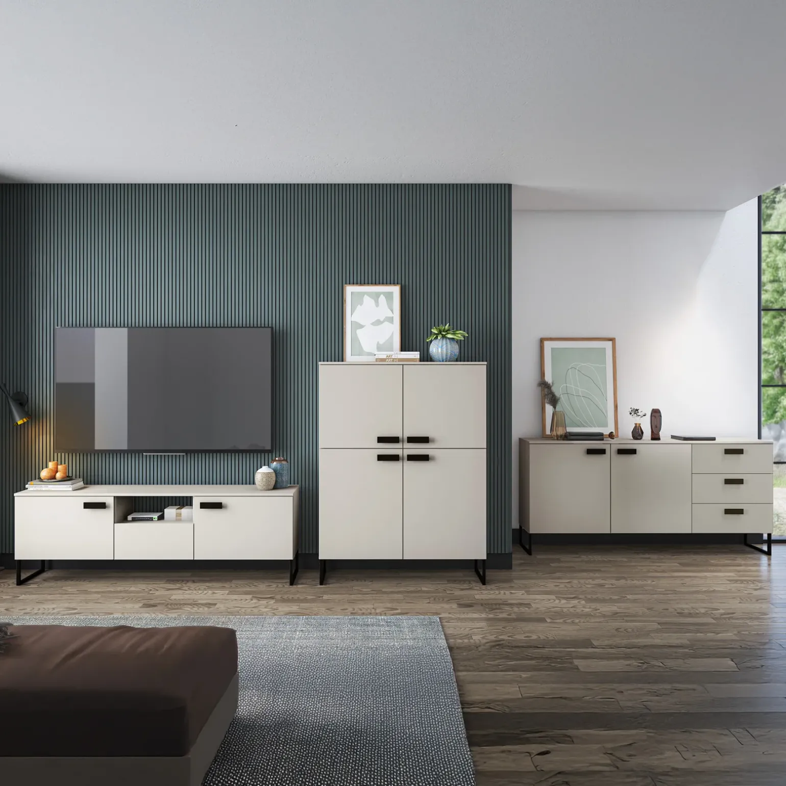 Madia 184x87h cm 2 ante 3 cassetti moderna beige cashmere nero Casmira
