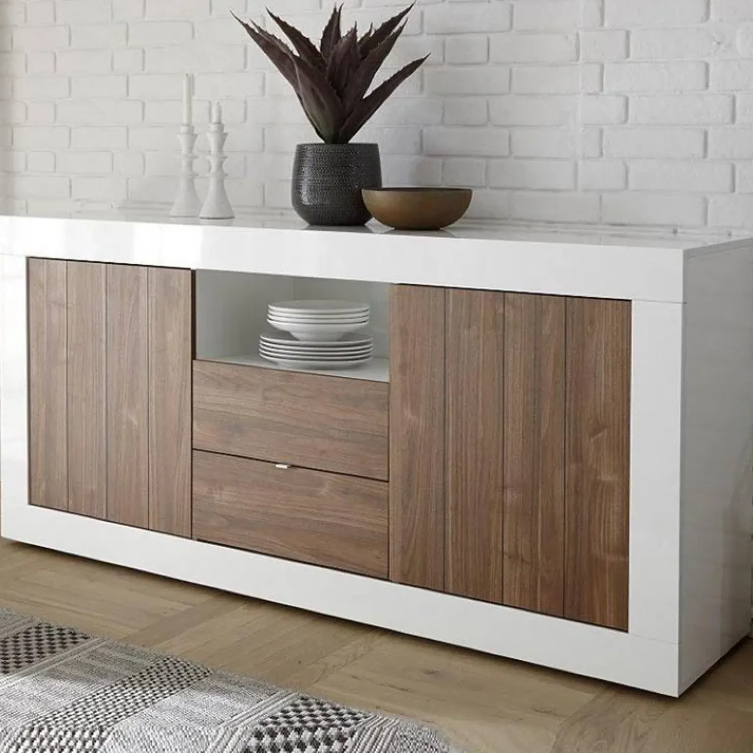 Madia 184x86h cm 2 ante 2 cassetti bianco lucido noce Florena