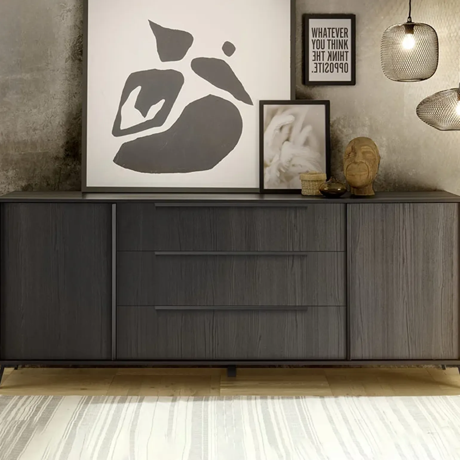 Madia 205x84h cm 2 ante 3 cassetti moderna soggiorno nero frassinato Tosca
