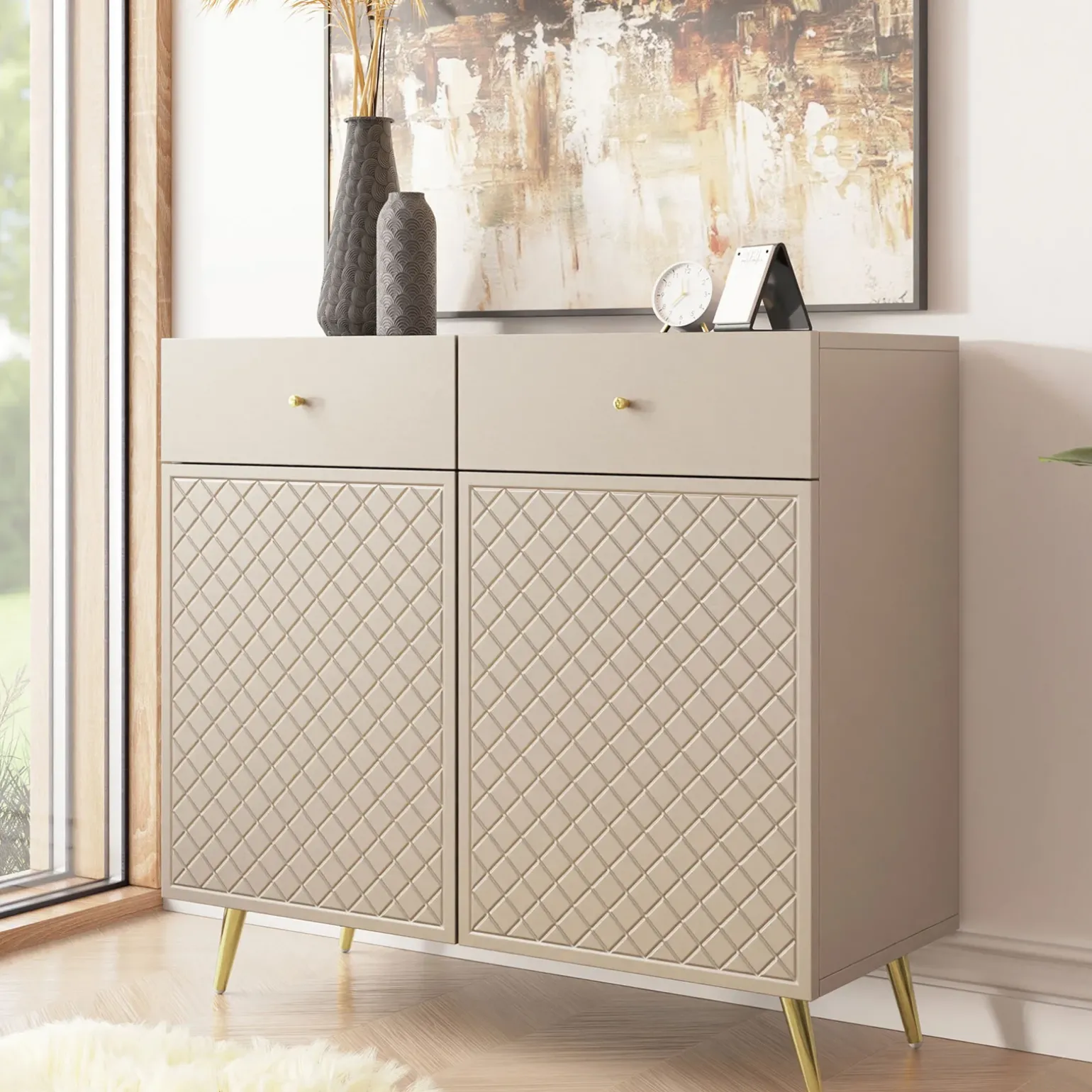 Madia 100x92h cm 2 ante 2 cassetti moderna con frontali decorati beige Simona