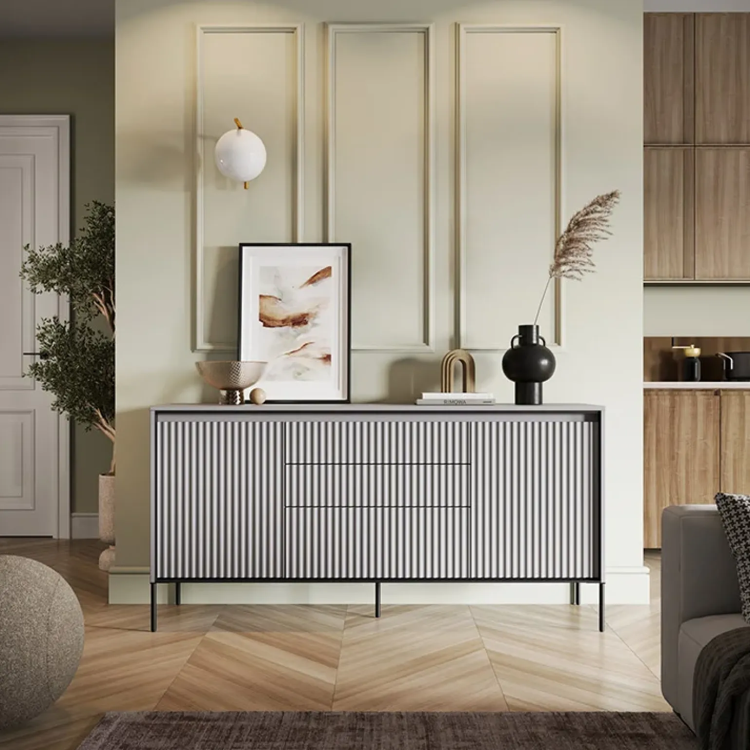 Madia 166x83h cm 2 ante 3 cassetti con led cannettato grigio nero Camelia