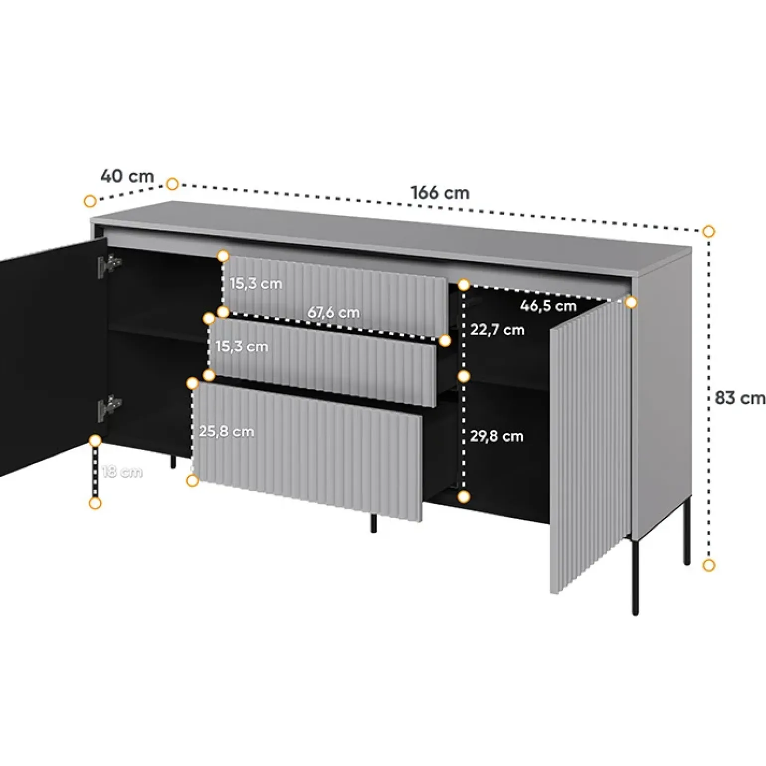 Madia 166x83h cm 2 ante 3 cassetti con led cannettato grigio nero Camelia