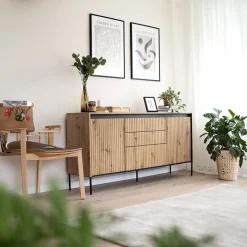 Madia 166x83h cm 2 ante 3 cassetti con led cannettato rovere rustico nero Camelia