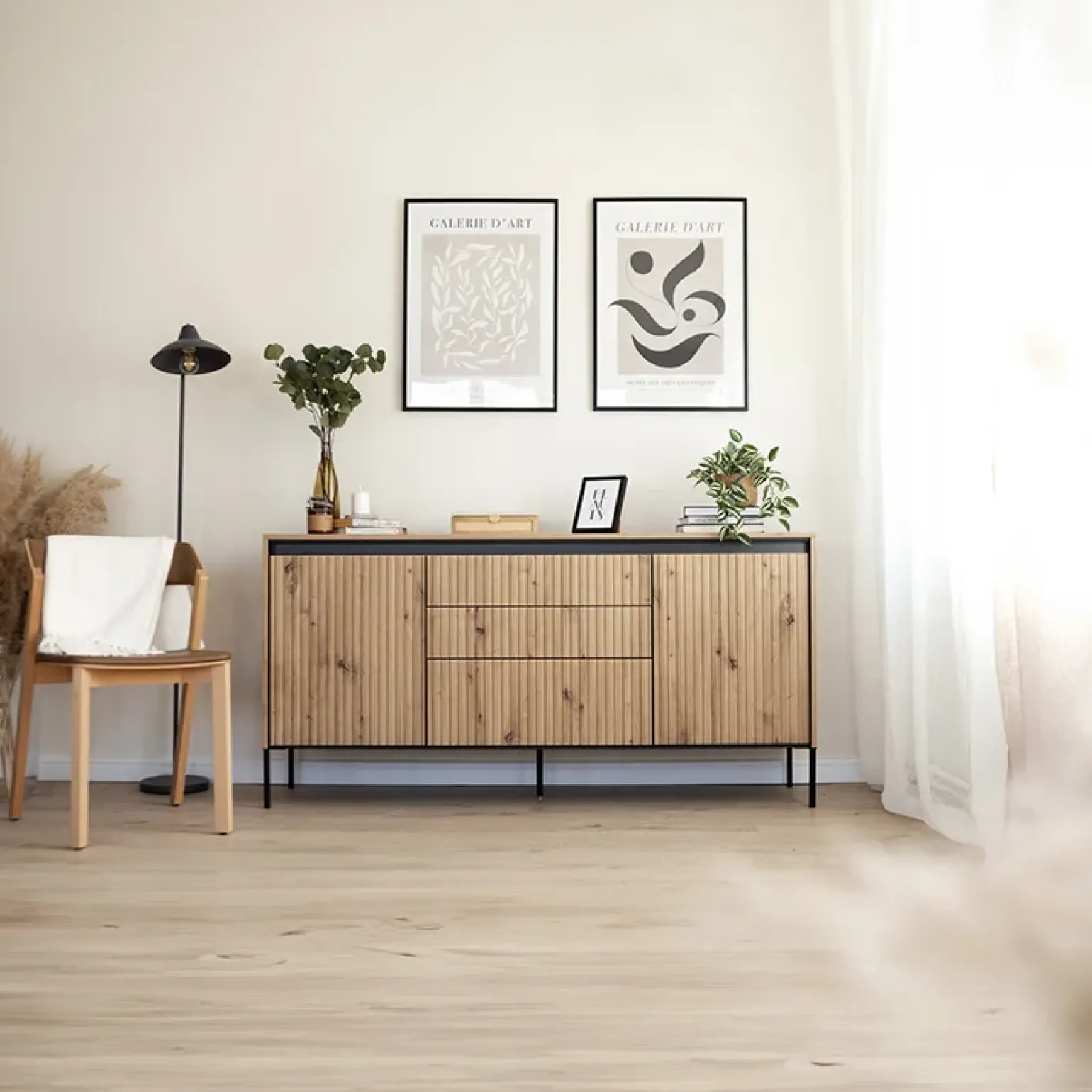 Madia 166x83h cm 2 ante 3 cassetti con led cannettato rovere rustico nero Camelia
