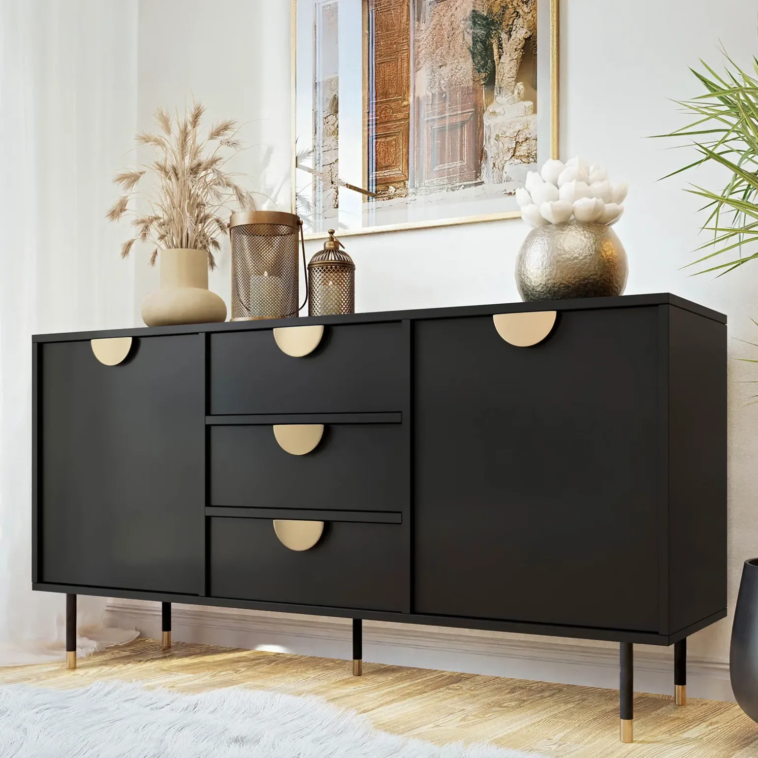 Madia 150x78h cm 2 ante 3 cassetti moderna nero oro Oriana