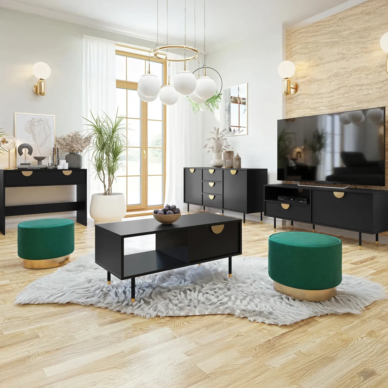 Madia 150x78h cm 2 ante 3 cassetti moderna nero oro Oriana
