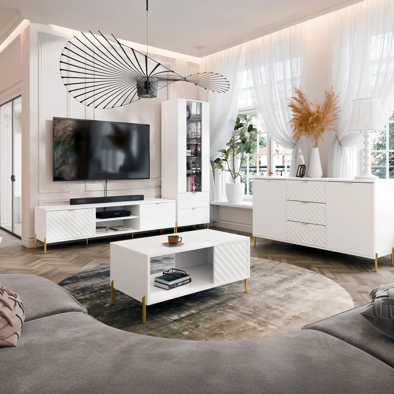 Madia 150x85h cm 2 ante 3 cassetti con frontali decorati bianco Amsterdam