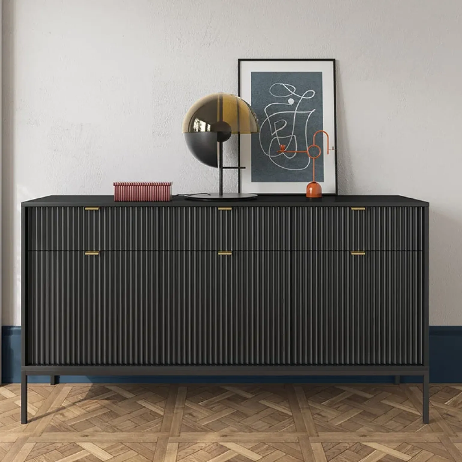 Madia 154x83h cm 3 ante 3 cassetti moderna nero Alisa