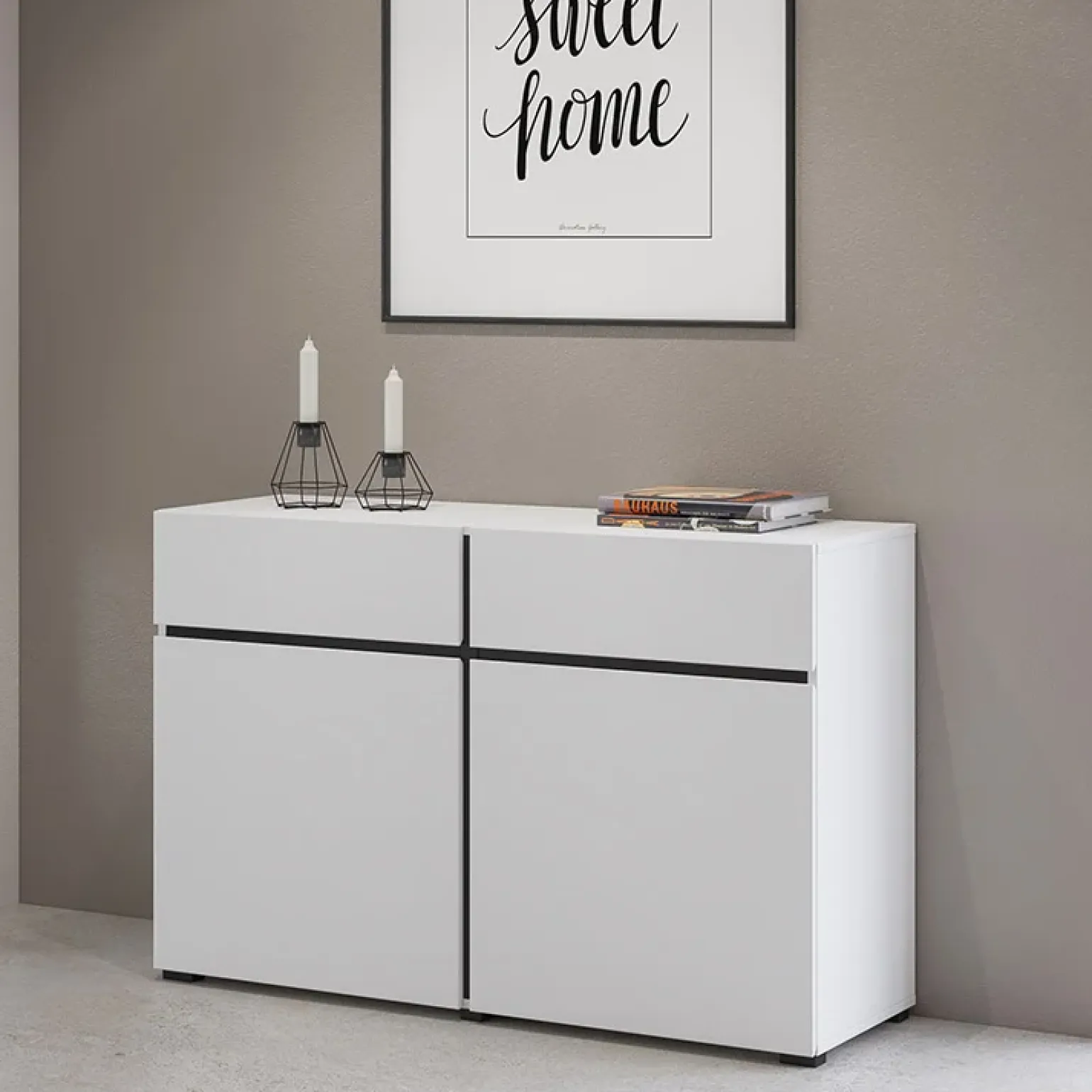 Madia 120x78h cm 2 ante 2 cassetti moderna bianco opaco nero Lolla