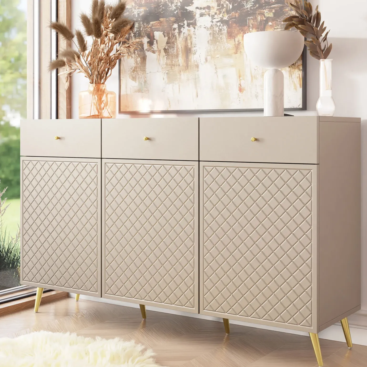 Madia 150x92h cm 3 ante 3 cassetti moderna con frontali decorati beige Simona