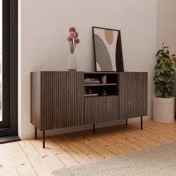 Madia 151x81h cm 2 ante 1 cassetto 2 vani a giorno noce cannettato Gabiot
