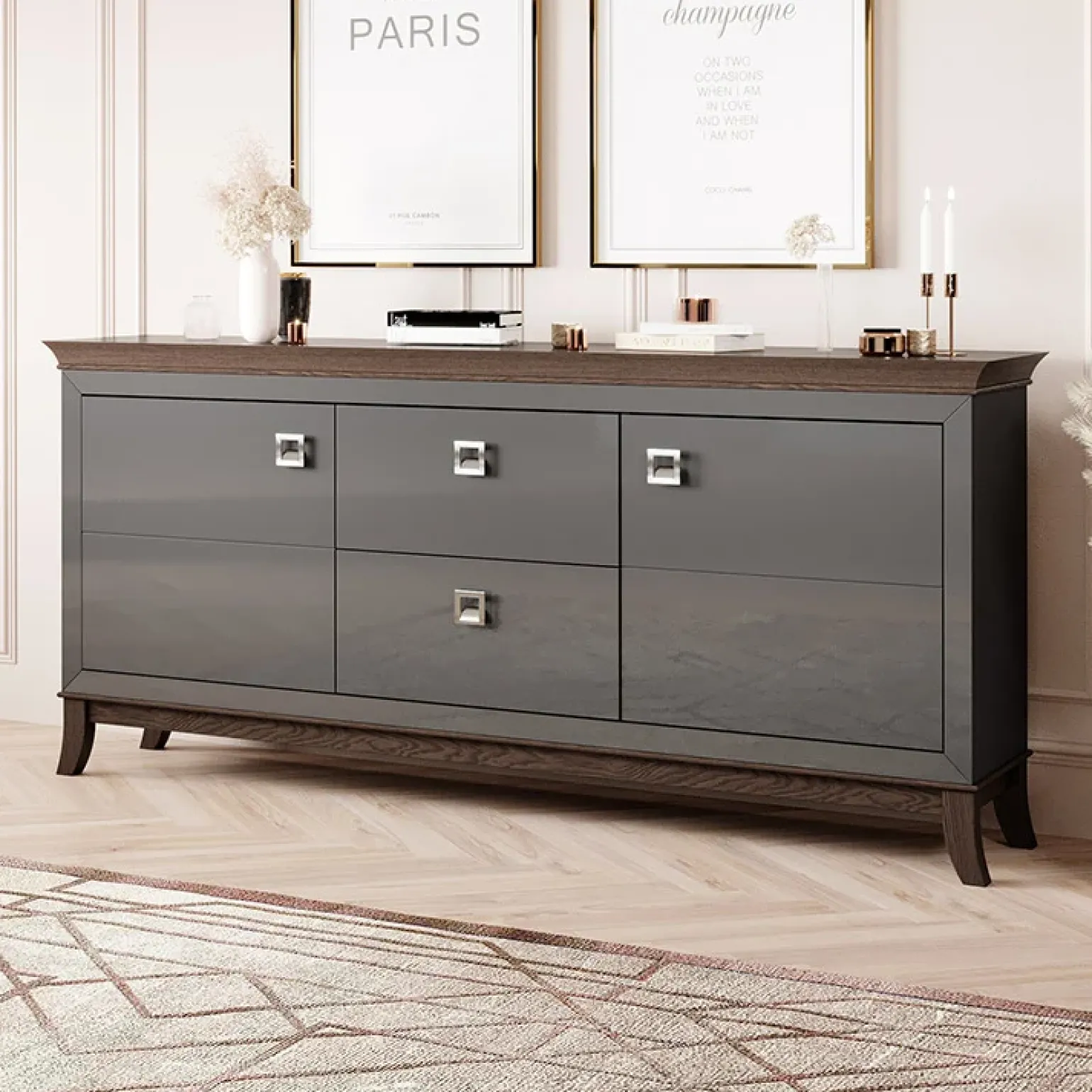 Madia 180x92h cm 2 ante 2 cassetti design moderno antracite lucido rovere scuro Umag