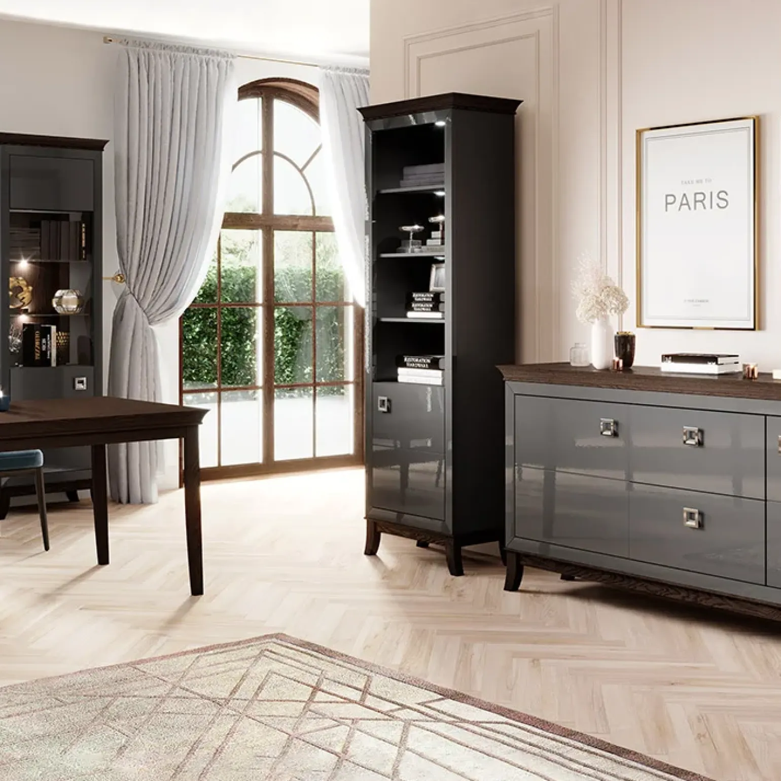 Madia 180x92h cm 2 ante 2 cassetti design moderno antracite lucido rovere scuro Umag
