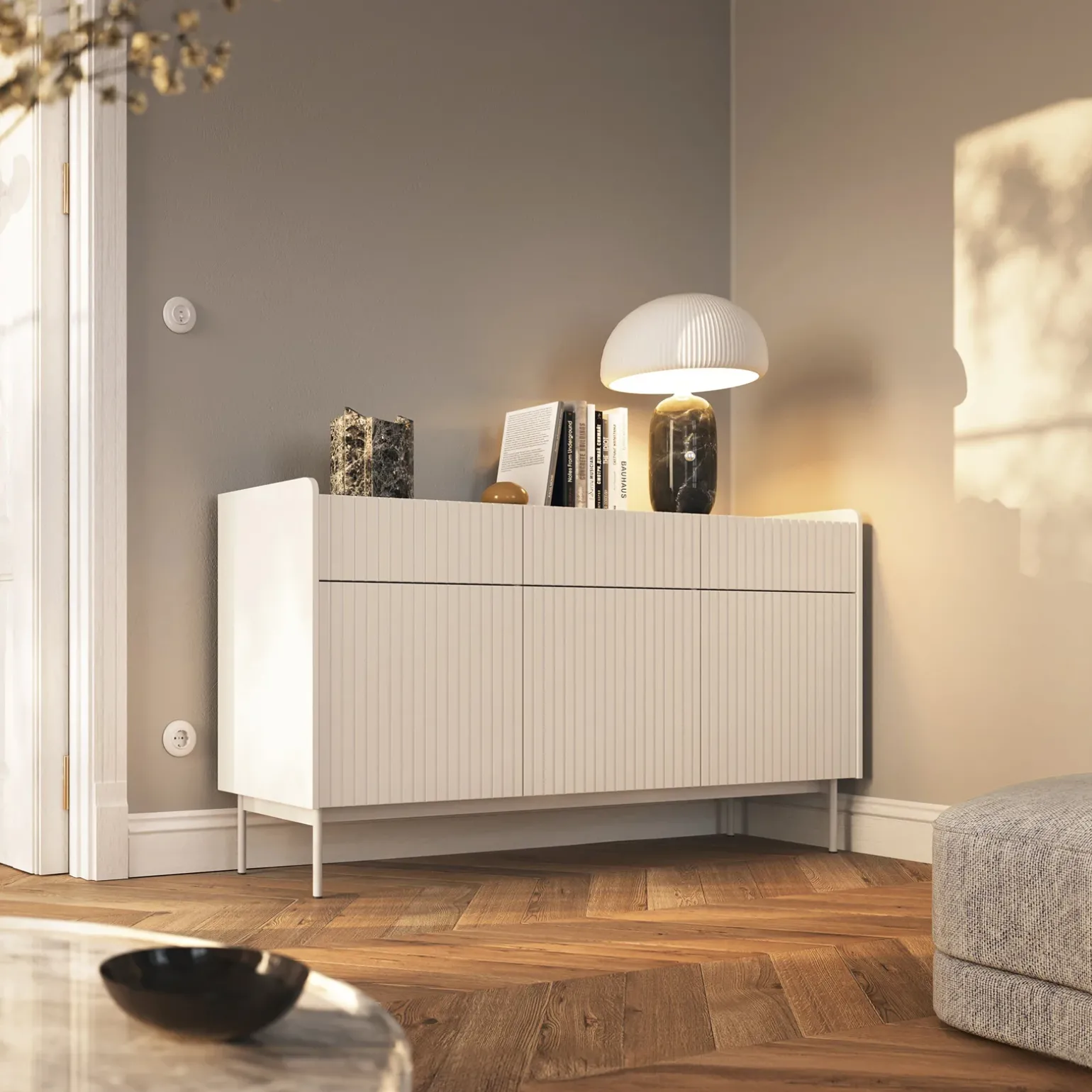 Madia 153x82h cm 3 ante 3 cassetti beige cannettato rovere Fioca