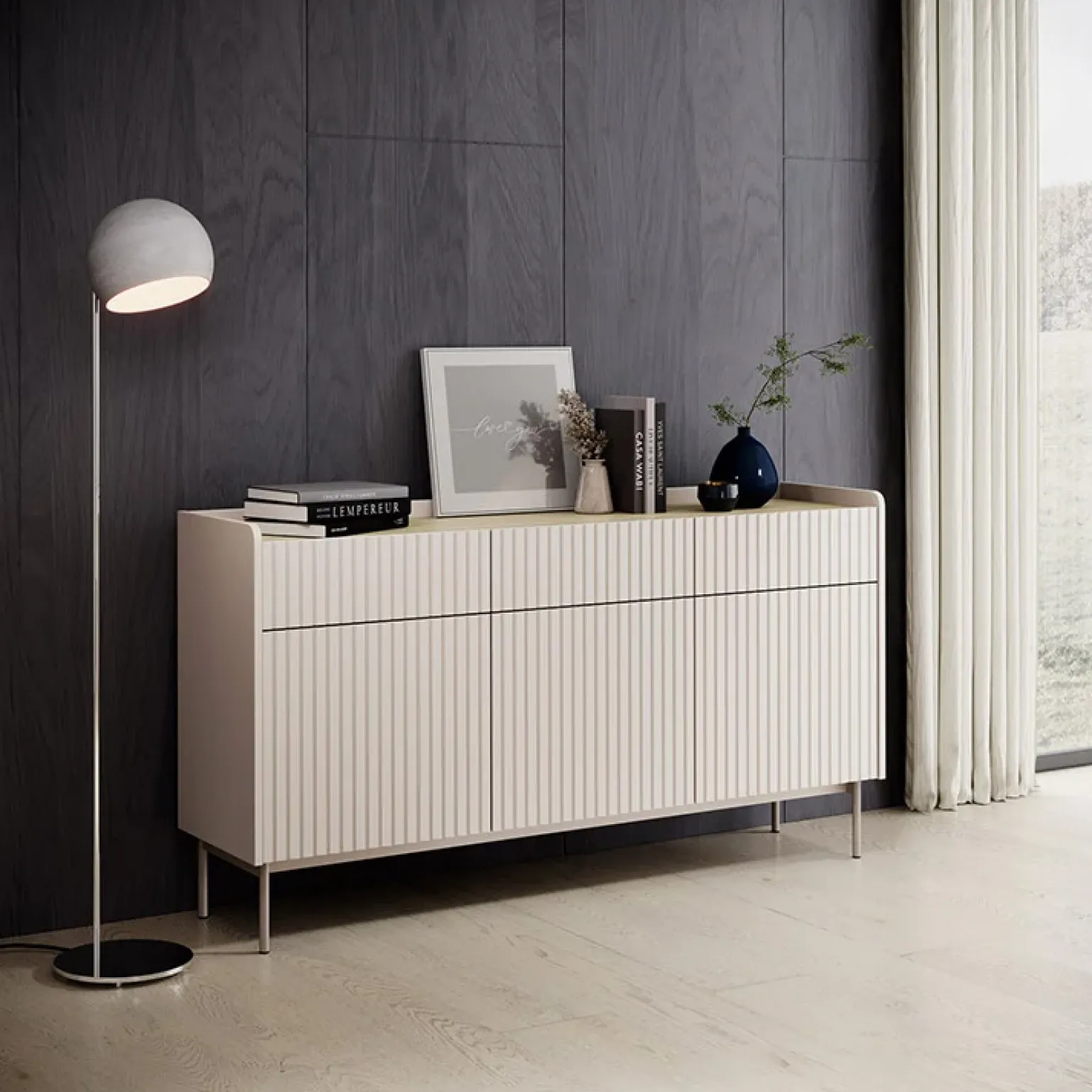 Madia 153x82h cm 3 ante 3 cassetti beige cannettato rovere Fioca