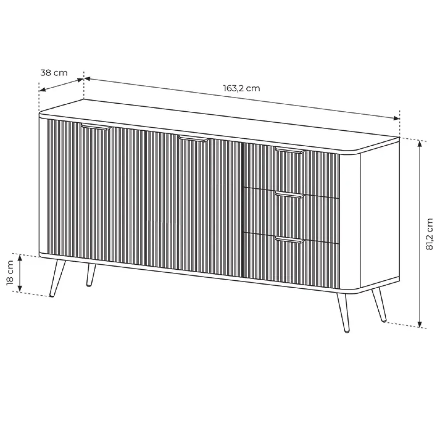 Madia 163x81h cm 2 ante 3 cassetti nero opaco cannettato Ramis