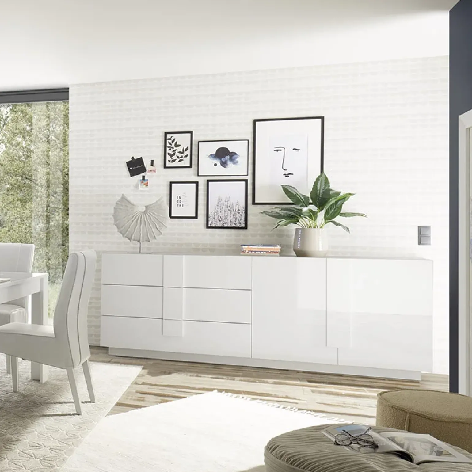 Madia 241x90h cm 2 ante 3 cassetti moderna bianco laccato lucido Alvarez