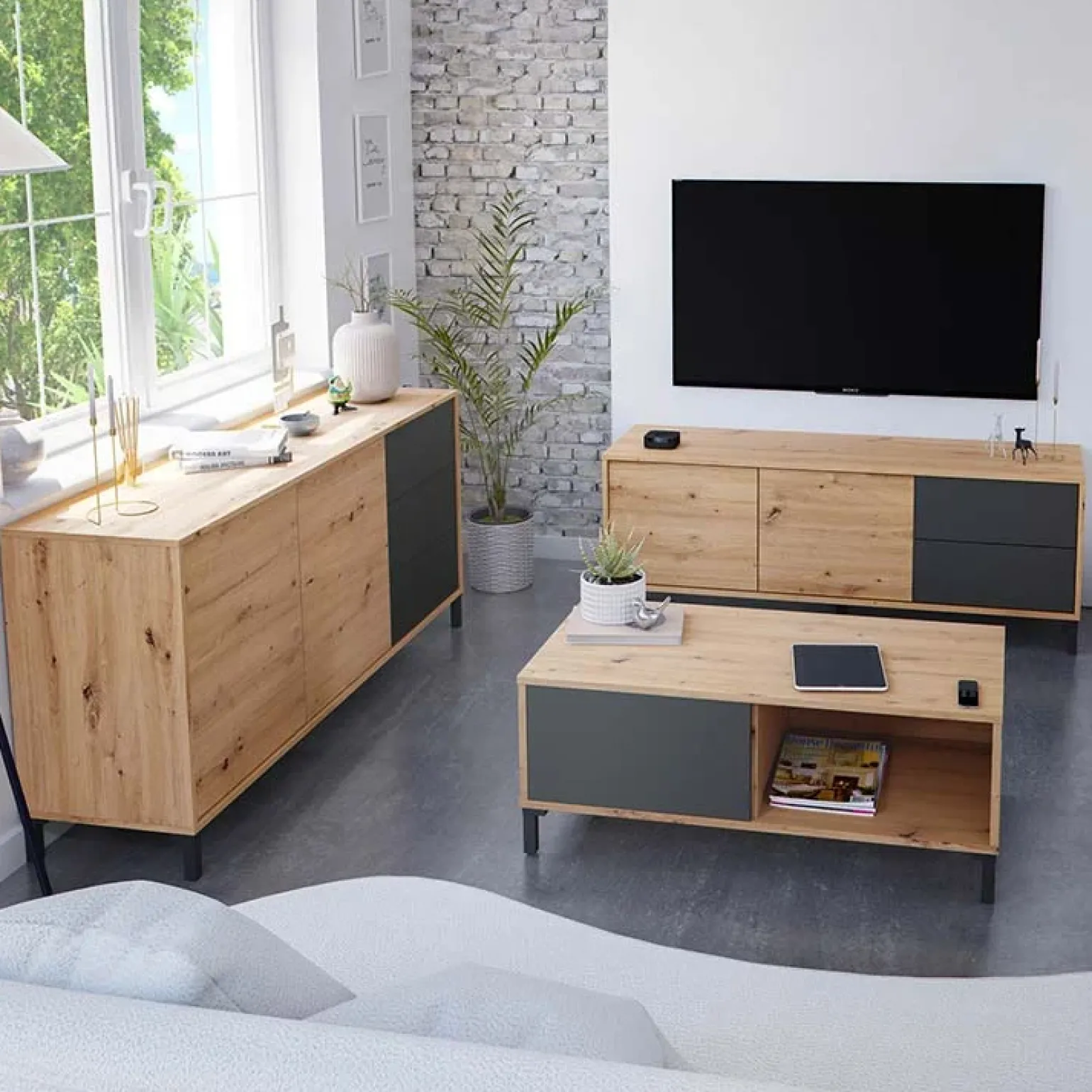 Madia 154x74h cm 2 ante 3 cassetti moderna rovere nodato antracite Rory