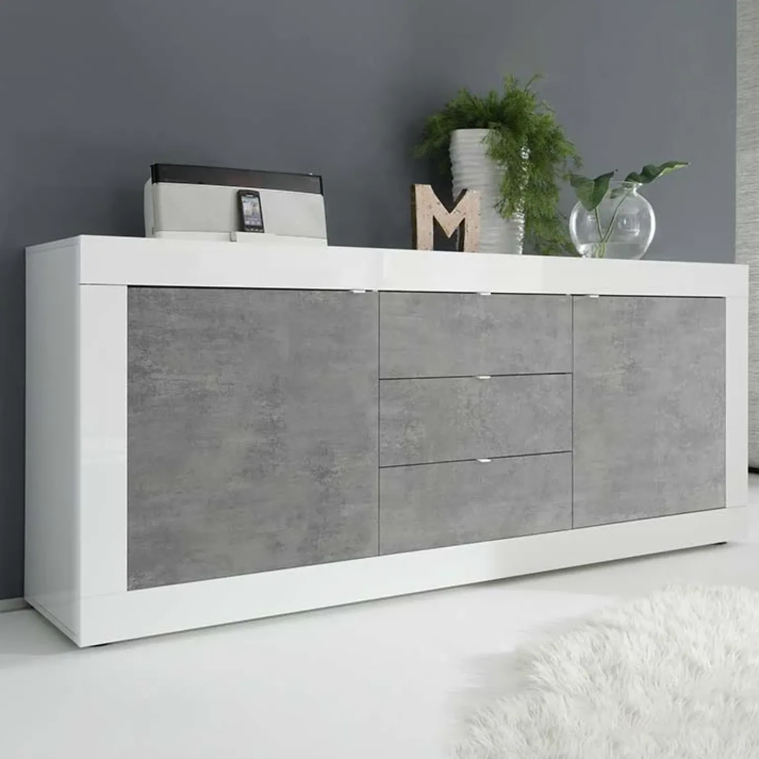 Madia 210x86h cm 2 ante 3 cassetti moderna bianco lucido cemento Eternity