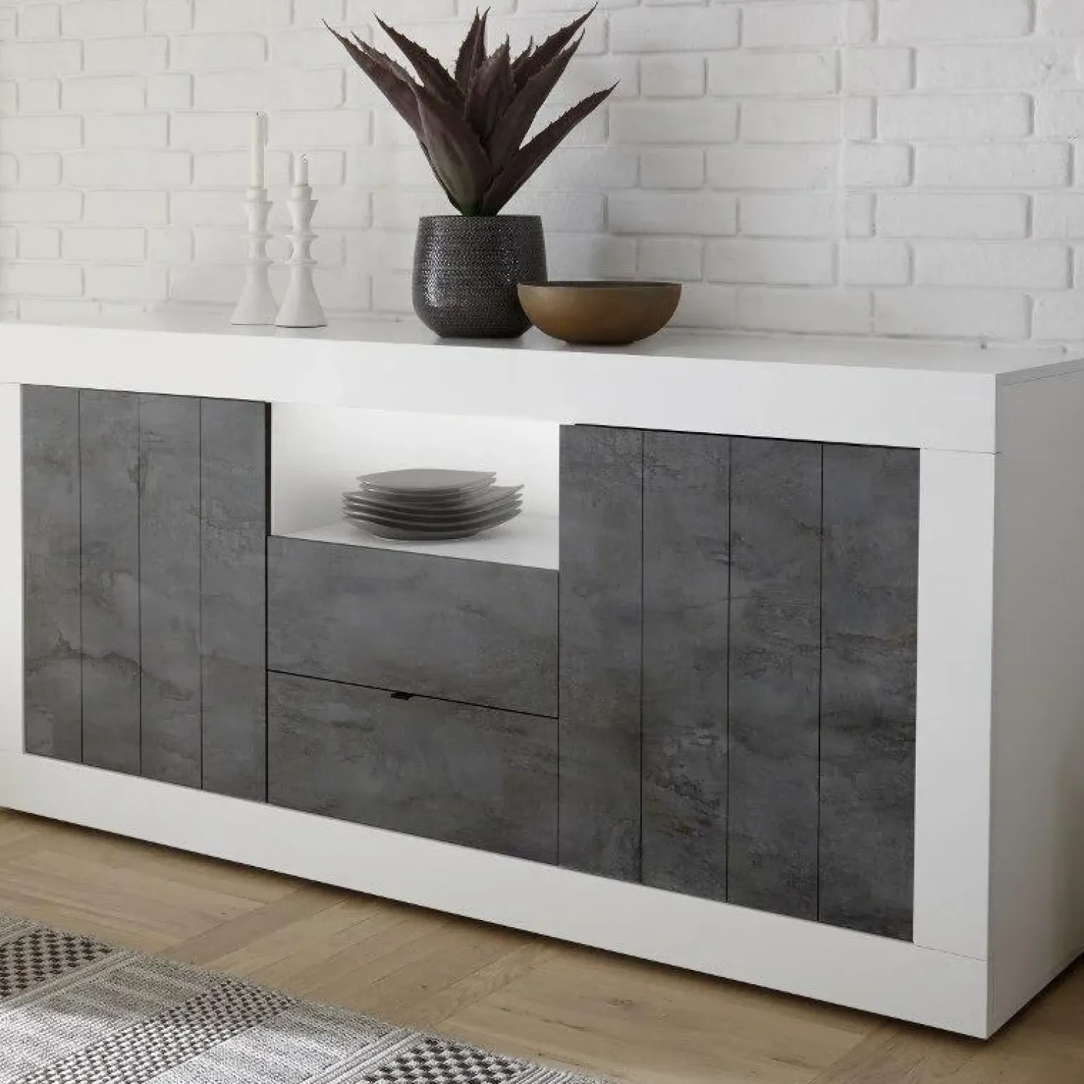 Madia 184x86h cm 2 ante 2 cassetti bianco lucido ossido Florena